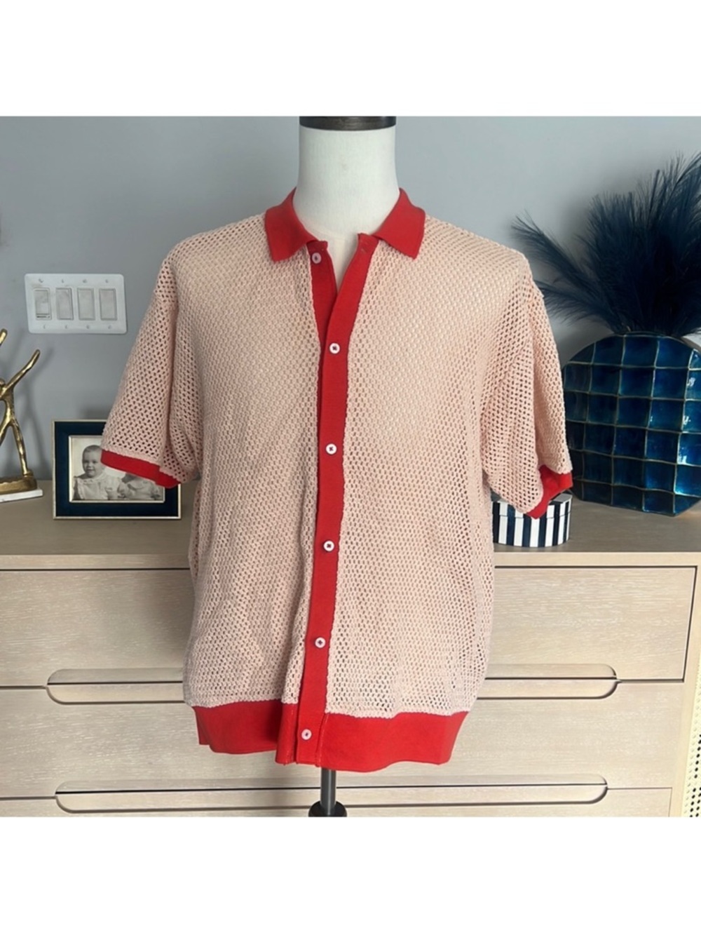 Obey Peach Knit Polo with Red Trim